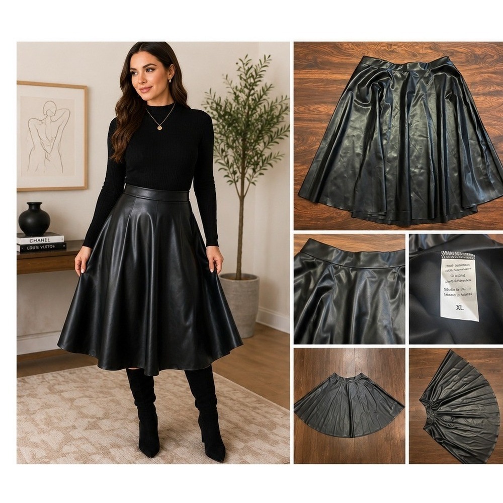 Faux Leather Circle Skirt Womens‎ XL Black Flared Midi Skater Goth Punk